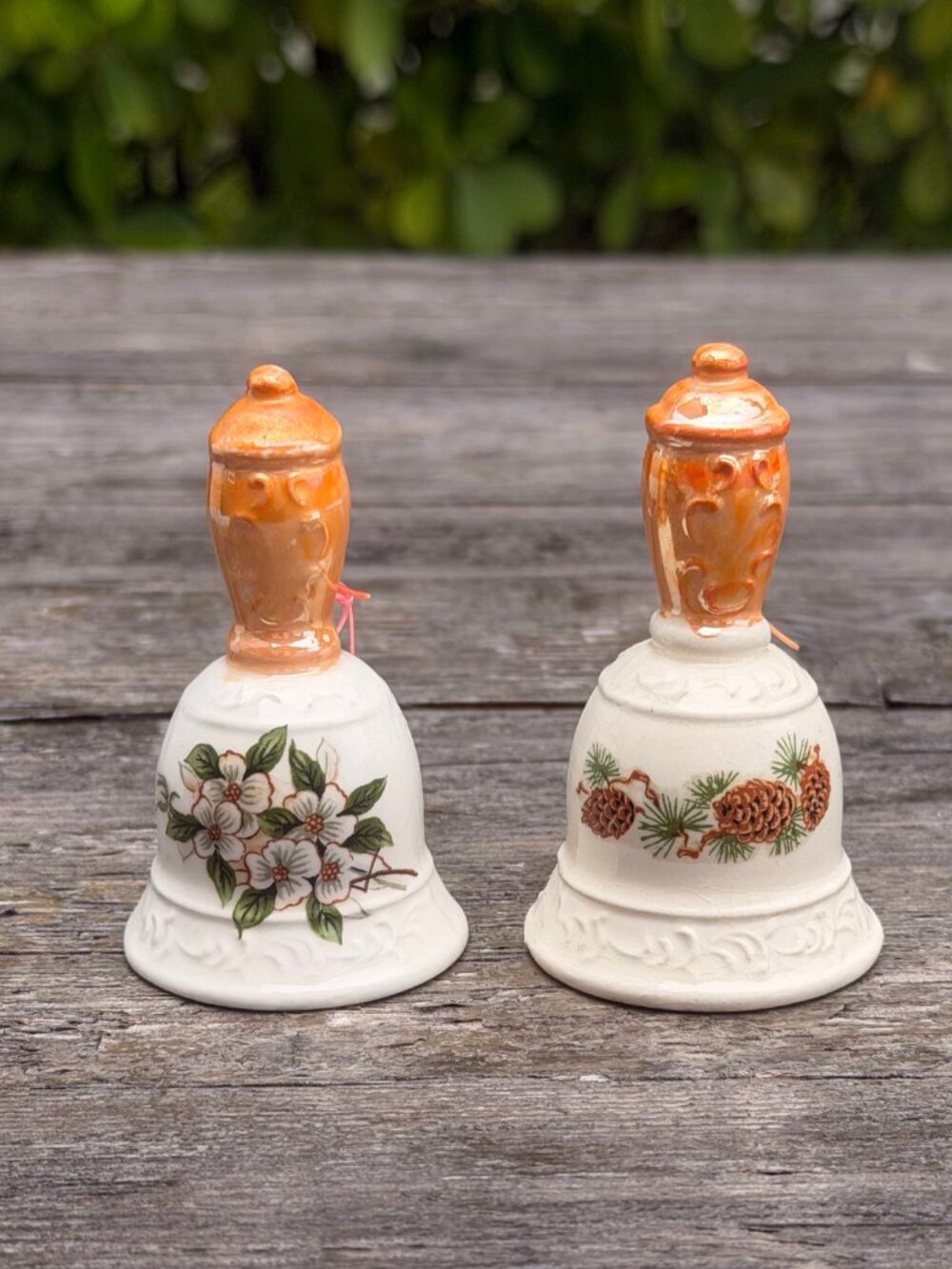 Vintage Lot Set of 2 Lugenes Bells Mother of Pearl Glaze Handle Flowers Japan